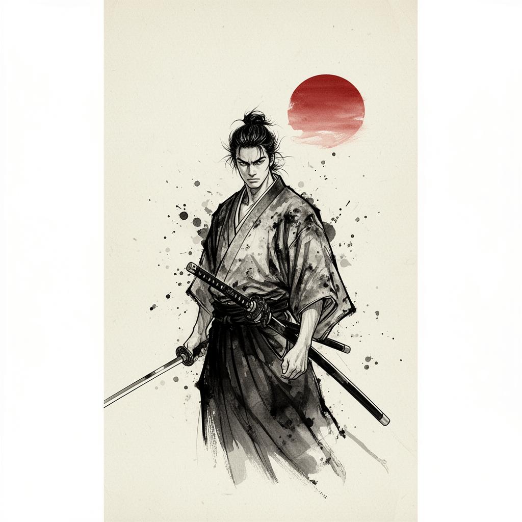 Ink-wash portrait of a samurai in the spirit of Miyamoto Musashi, standing with two swords beneath a red sun